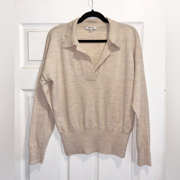 Madewell Merino Wool Polo Sweater Oatmeal Creamy Beige Size Large - Picture 7 of 12